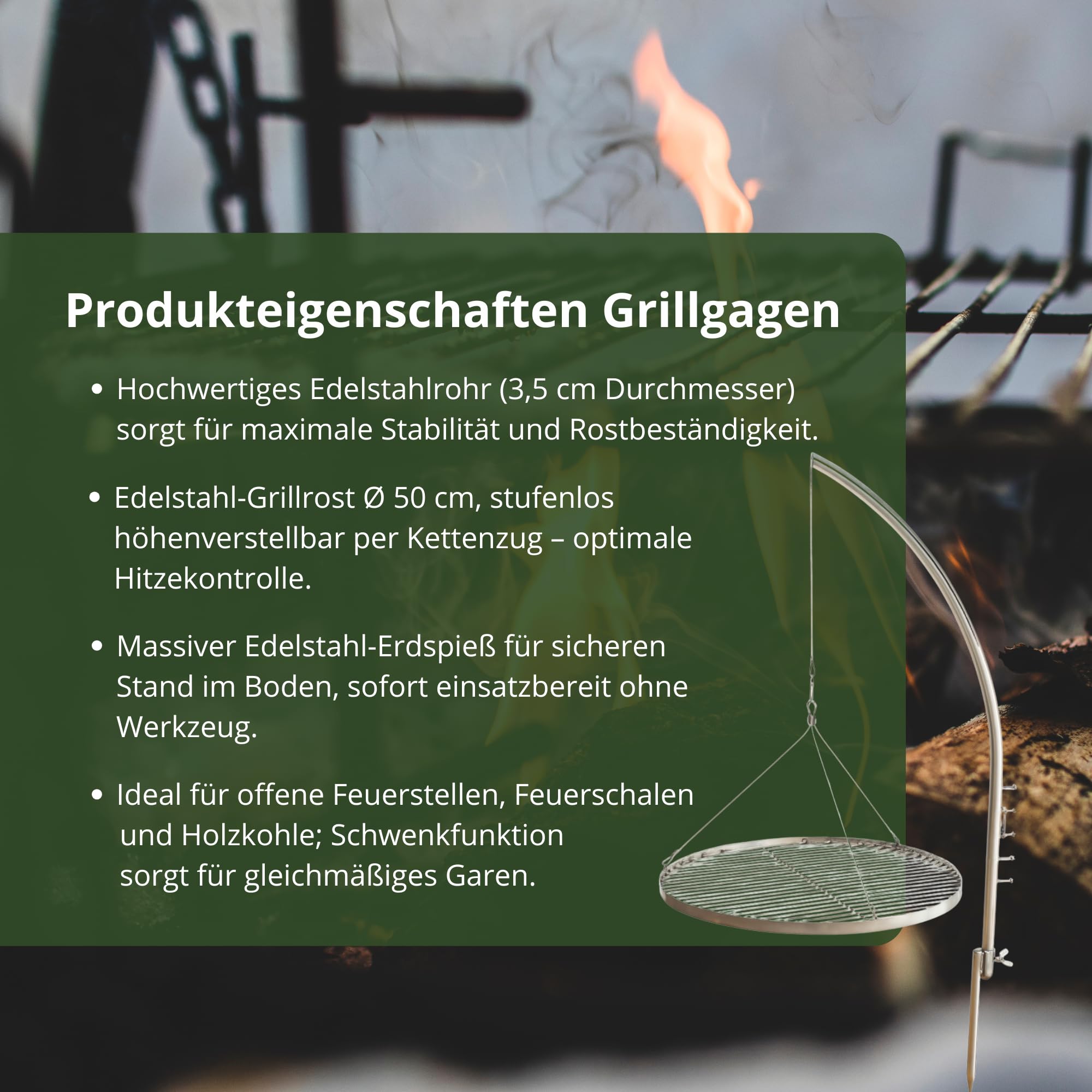 HeRo24 Grillgalgen Schwenkgrill T210 aus Edelstahl 3,5 cm Rohr mit Erdspieß höhenverstellbares Grillgestell für Feuerstelle & Outdoor OHNE Grillrost