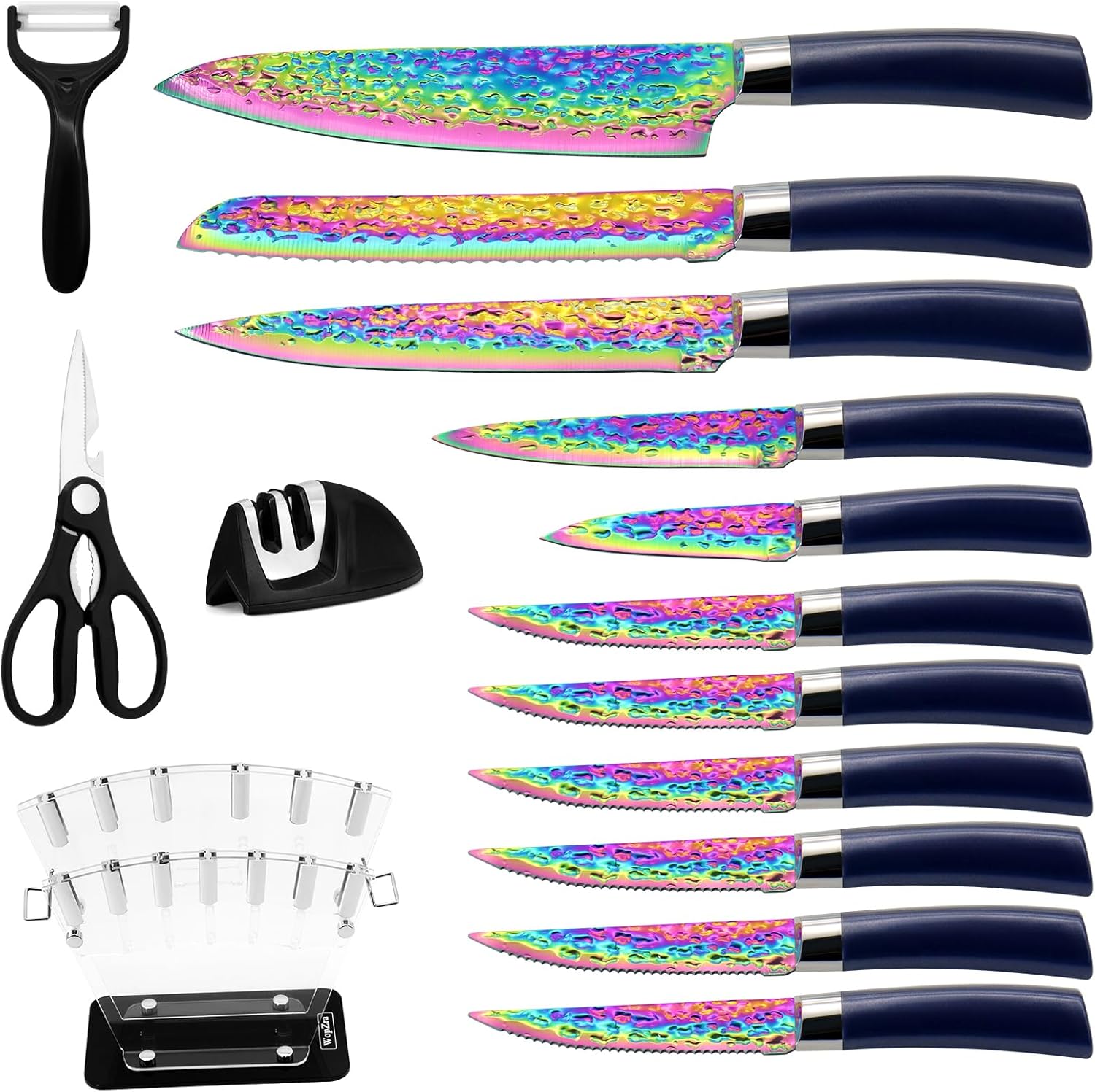 15pcs Blue Kitchen Knife Set, Rainbow Titanium Knife Block Set, High Carbon Stainless Steel Knives Set for Kitchen, Professional Chef Knife Sets for Kitchen with Sharpener Acrylic Block, Best Gift - Image 2