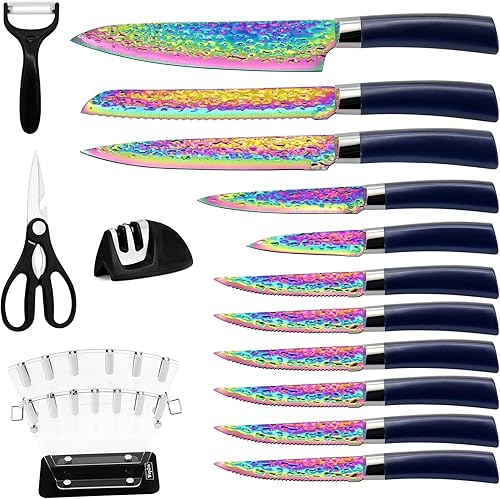 Miniatura 2 de Juego de cuchillos de cocina antiadherentes con almacenamiento de madera, cuchillo de carne dentado, cuchillo de chef, tijeras con afilador, 15
