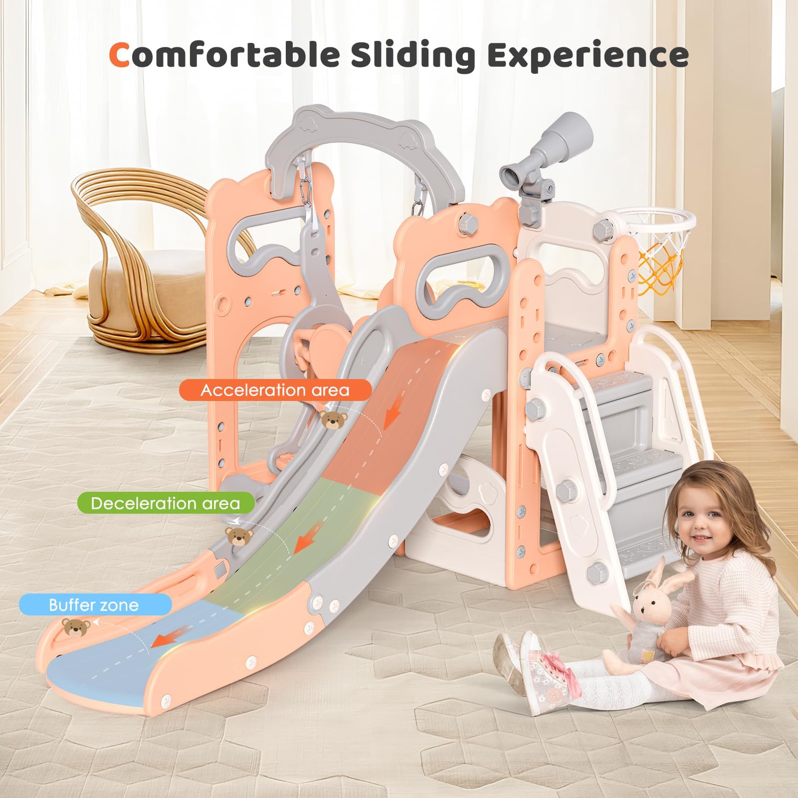 Scivolo per bambini, scivolo per bambini piccoli indipendente con canestro da basket, attrezzatura per parco giochi con scivolo per bambini, scivoli per bambini all'aperto (Beige Rosa- 6 in 1)
