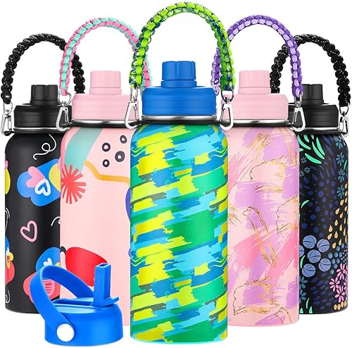 Miniatura 1 de WEREWOLVES Botella de agua aislada con asas y correa con dos tapas, reutilizable, boca ancha, al vacío, botella de agua de acero inoxidable para