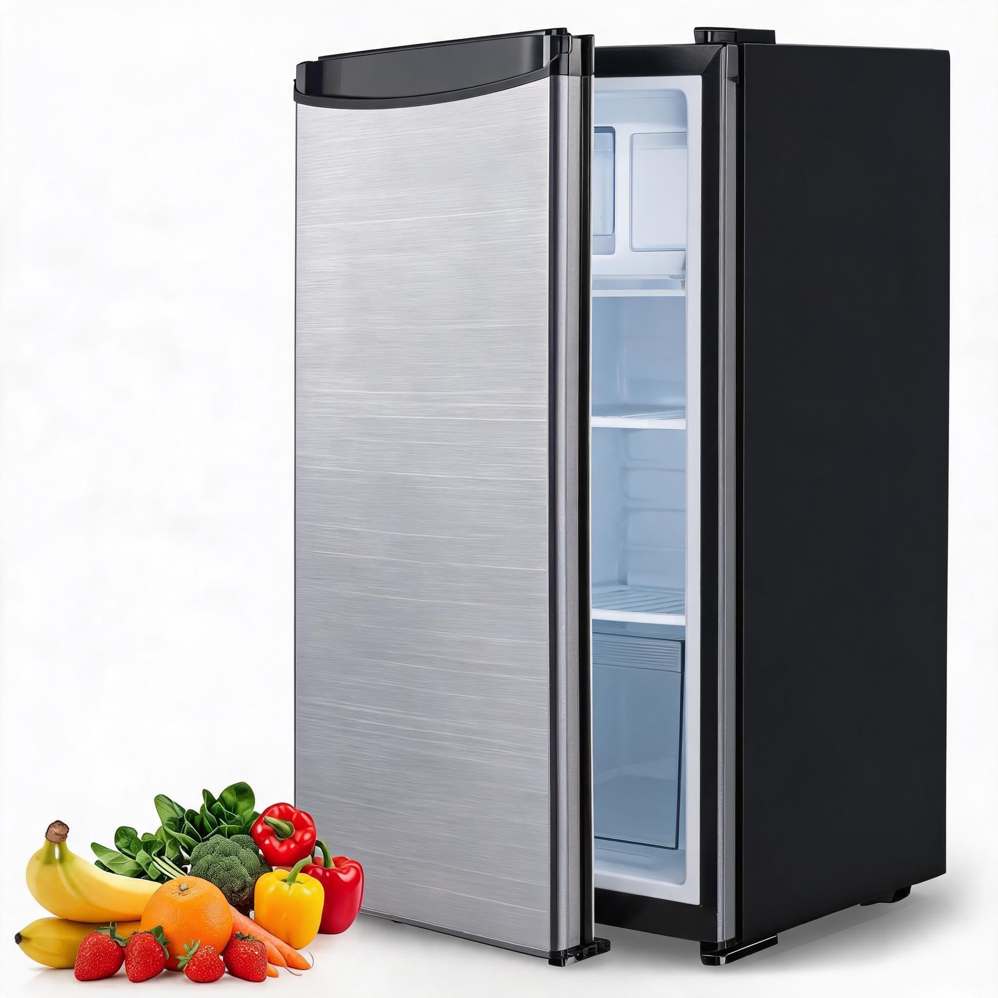 Kompakter Kühlschrank 45 Liter, Geräuscharmer Mini-Kühlschrank mit Edelstahlfront, 5 Kühlstufen (0–18 °C), herausnehmbares Gemüsefach, höhenverstellbare Standfüße, Für Zimmer, Büro