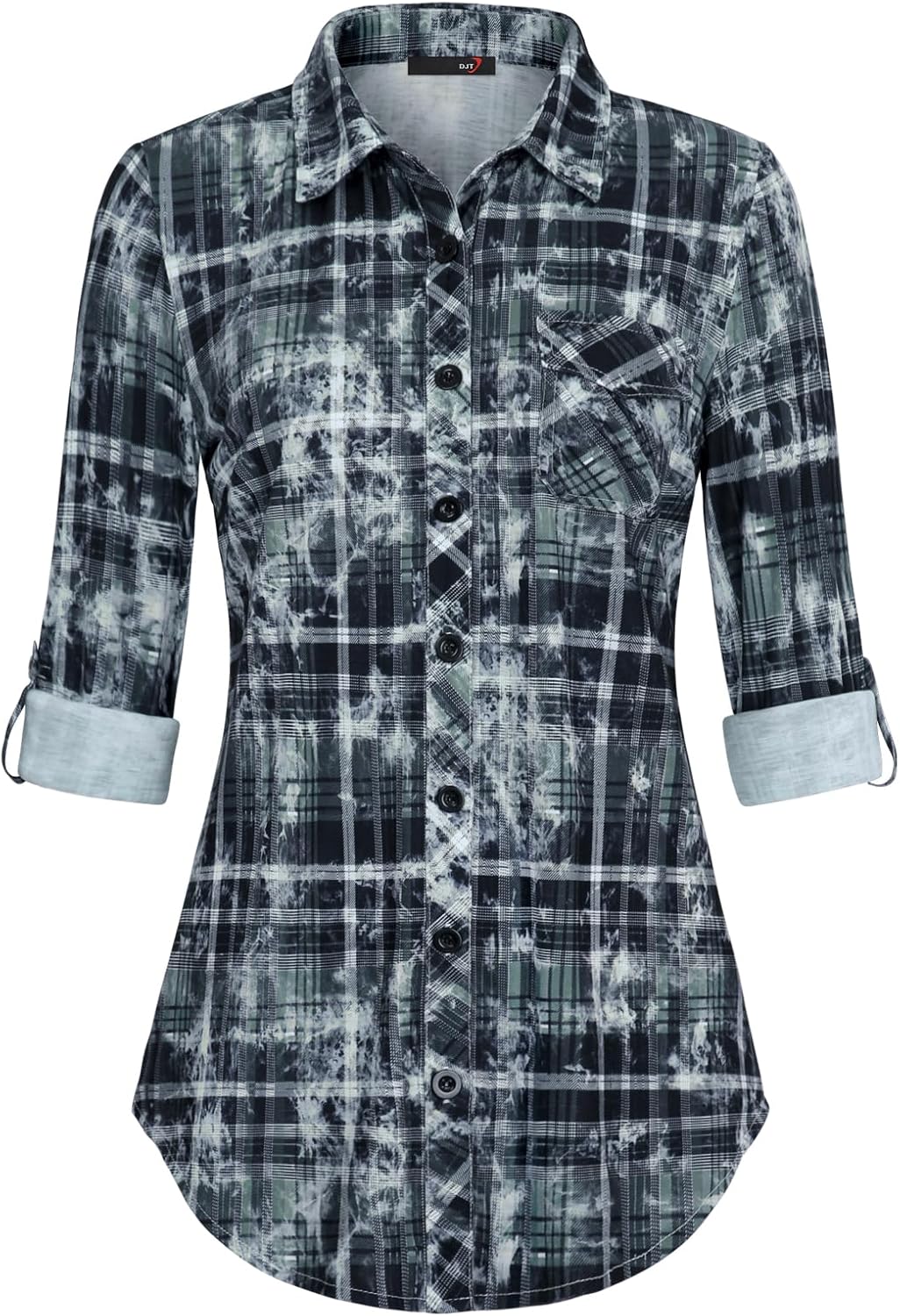 DJT Womens Soft Knitted Shirts Stretchy Roll Up Long Sleeve Dressy Casual Button Down Shirt Work Blouse Tops
