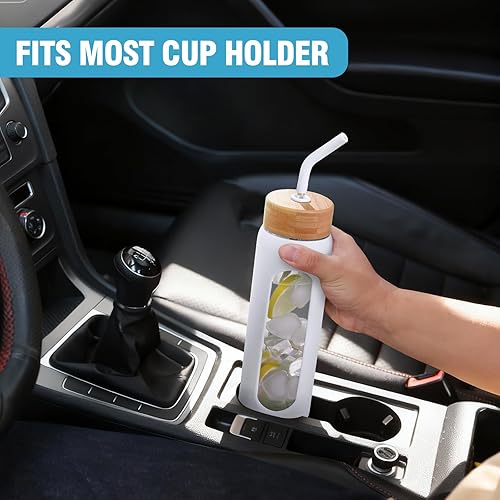 Miniatura 5 de Botella de agua de vidrio de 24 onzas, vaso de vidrio con popote, botellas reutilizables con 2 tapas con tapa con asa y tapa de popote de bambú,