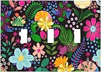 Vista 83 de Cubierta de interruptor de luz de 3 cuadrillas con diseño de flores azules púrpuras, cubierta de placa de pared de triple palanca, arbustos florales