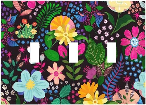 Miniatura 83 de Cubierta de interruptor de luz de 3 cuadrillas con diseño de flores azules púrpuras, cubierta de placa de pared de triple palanca, arbustos florales