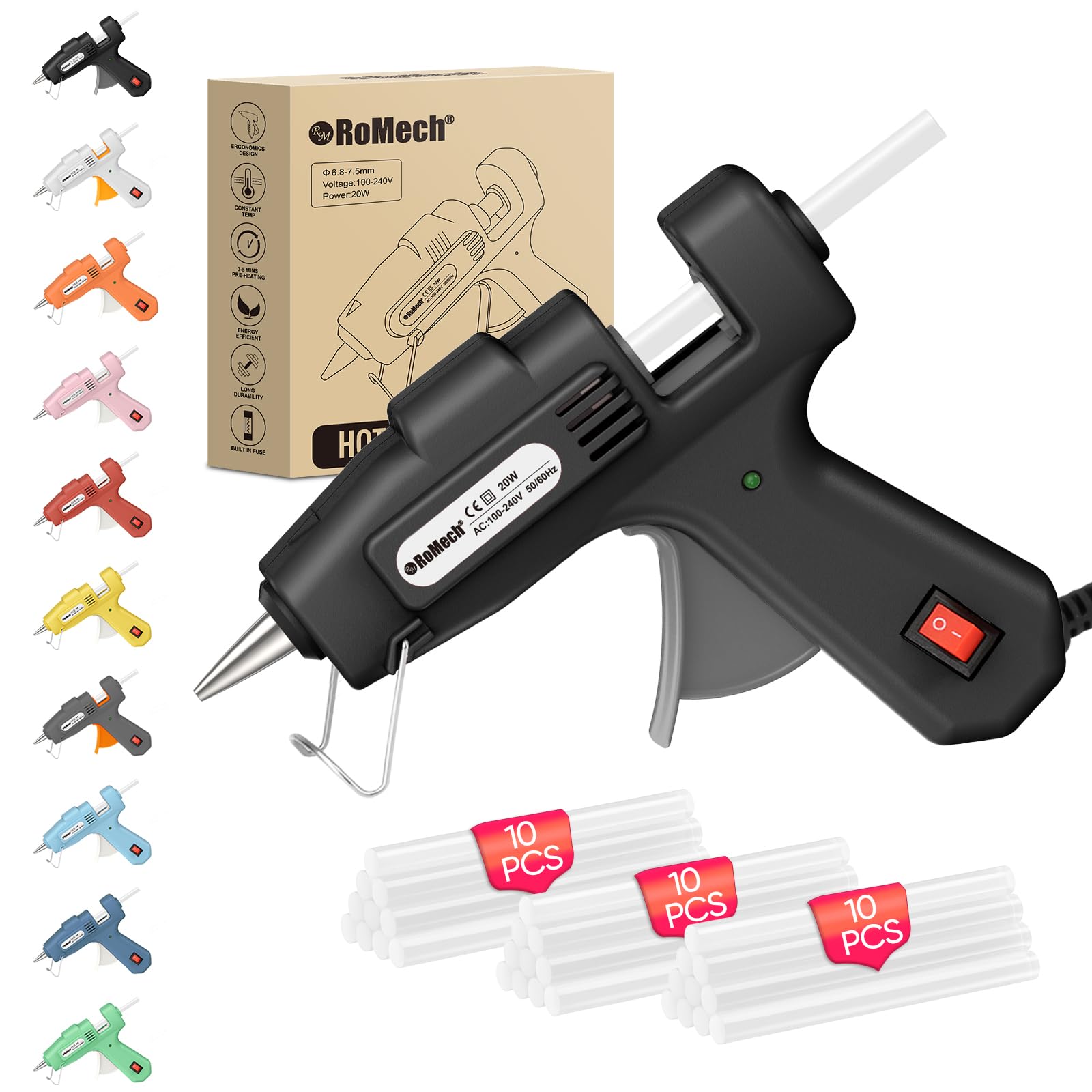 ROMECH Mini pistola per colla a caldo da 20 W con 30 bastoncini di colla, preriscaldamento rapido, kit per colla a caldo, resistente, per artigianato, fai da te, riparazioni (nero)
