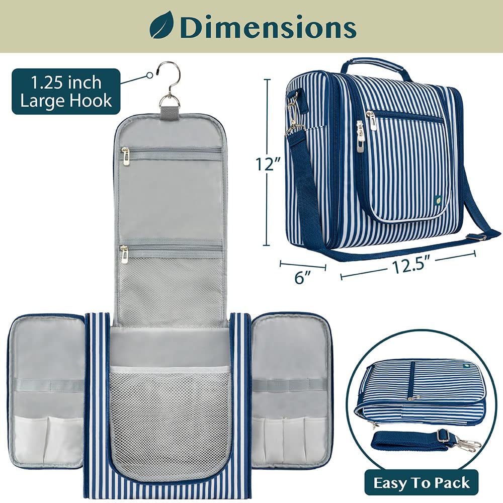 PAVILIA Large Hanging Toiletry Bag for Women Men, Travel Toiletry Bag Organizer for Toiletries, Cosmetics, Makeup Bag with Mesh, Water Resistant Pockets (Stripe Navy)