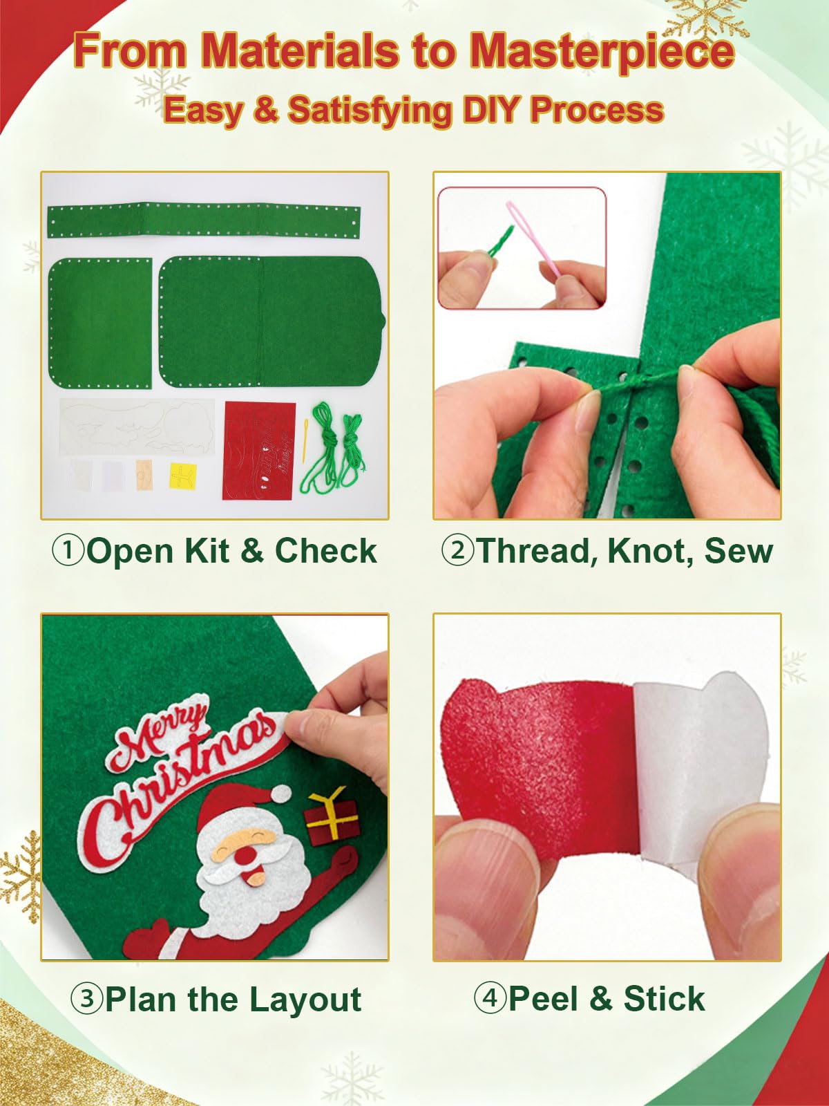 Fenzonmic Family Christmas Craft Kit, DIY Felt Activity to Build 5 Sets, Includes Hat, Glasses, Clutch, Sock & Wreath - Image 4