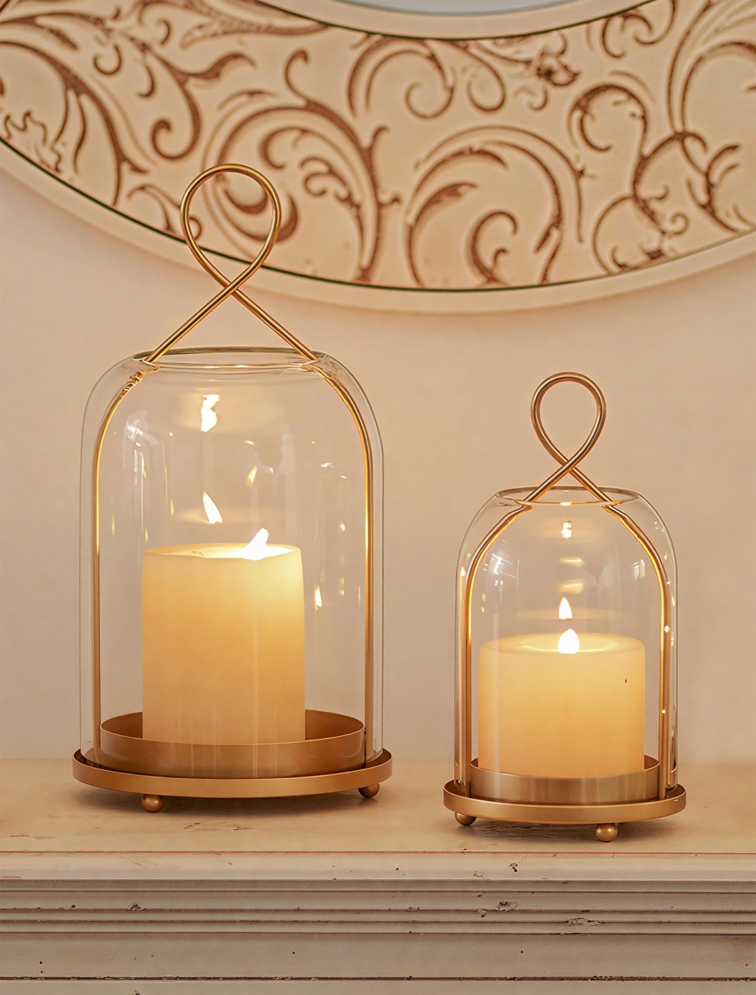 NUPTIO Candle Holder Gold Glass: Pillar Hurricane Lanterns Outdoor Decorative Hanging Brass Candle Holders Set of 2 Large for Christmas Wedding Centrepiece