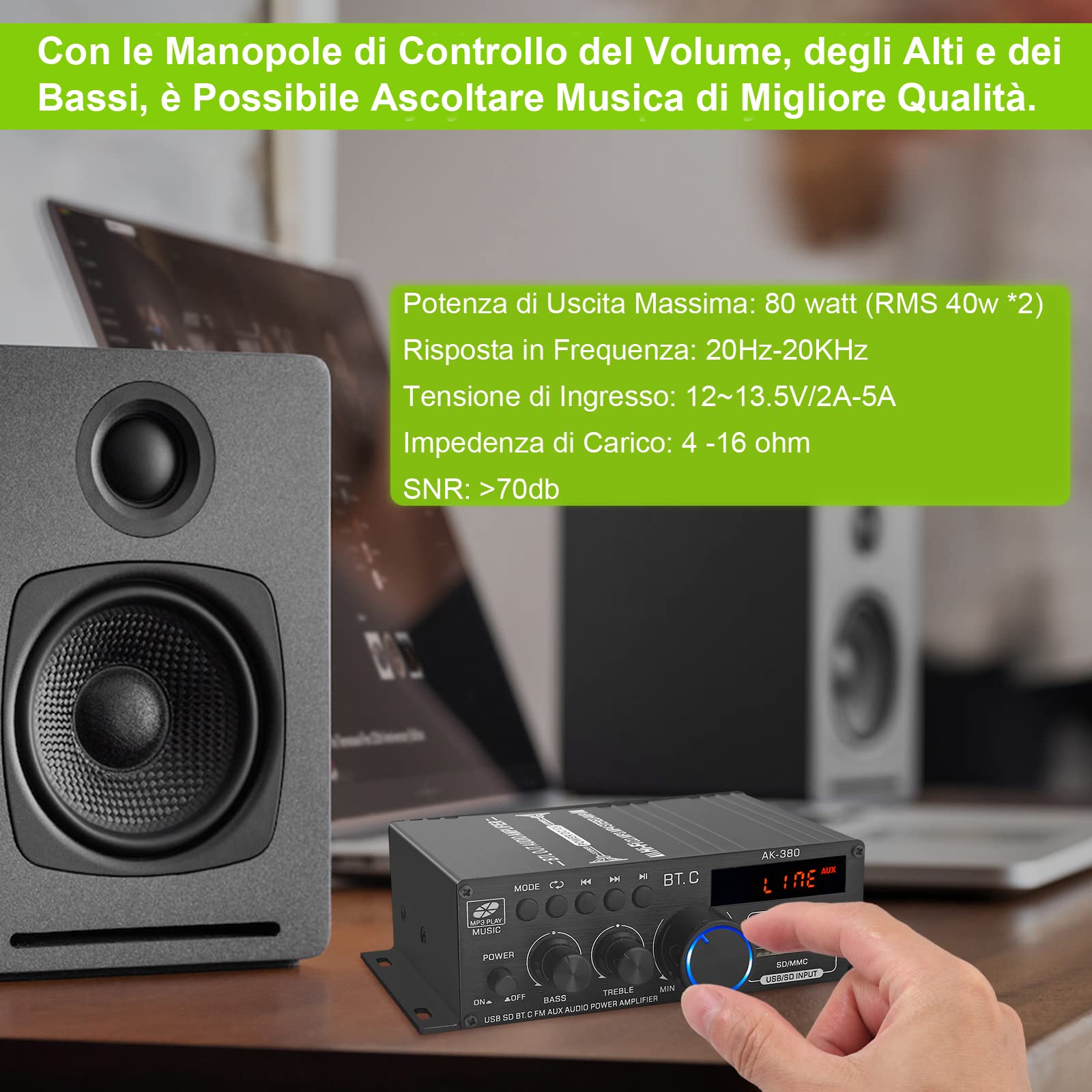 LiNKFOR Amplificatore Bluetooth 5.0 con Display LCD Amplificatore Potenza 2.0 Canali 40W+40W con Alimentatore 12V/5A Supporta Disco U Wireless BT Controlli Bassi/Alti AMP Audio per Auto Casa Garage