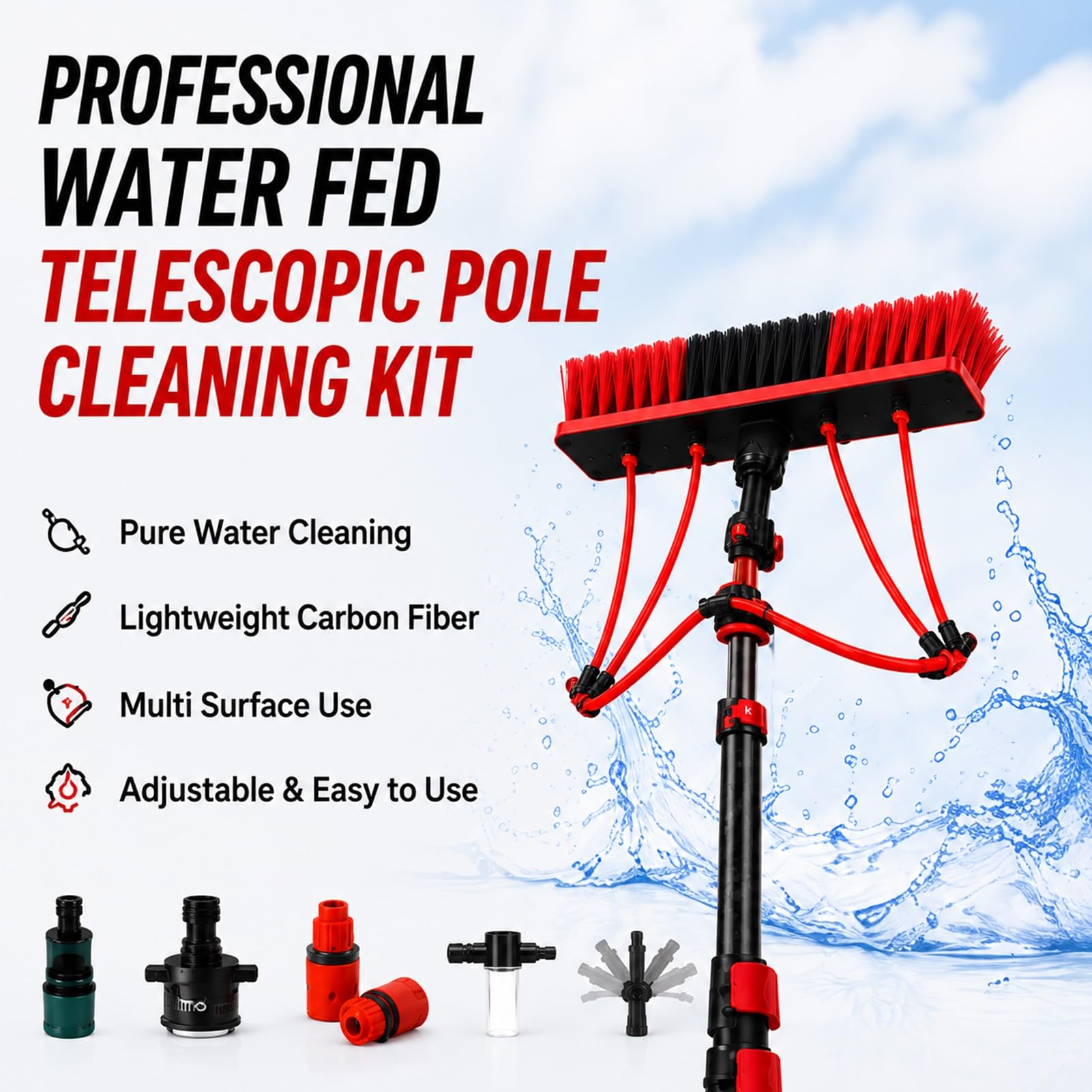 Sistema Profesional de Limpieza,Fibra Carbono Poste Telescopico | Agua,Cepillo Solar,Tejados,Ventanas,Cristales Exteriores,Trabajo en Altura Equipo Limpieza Completo(6m)