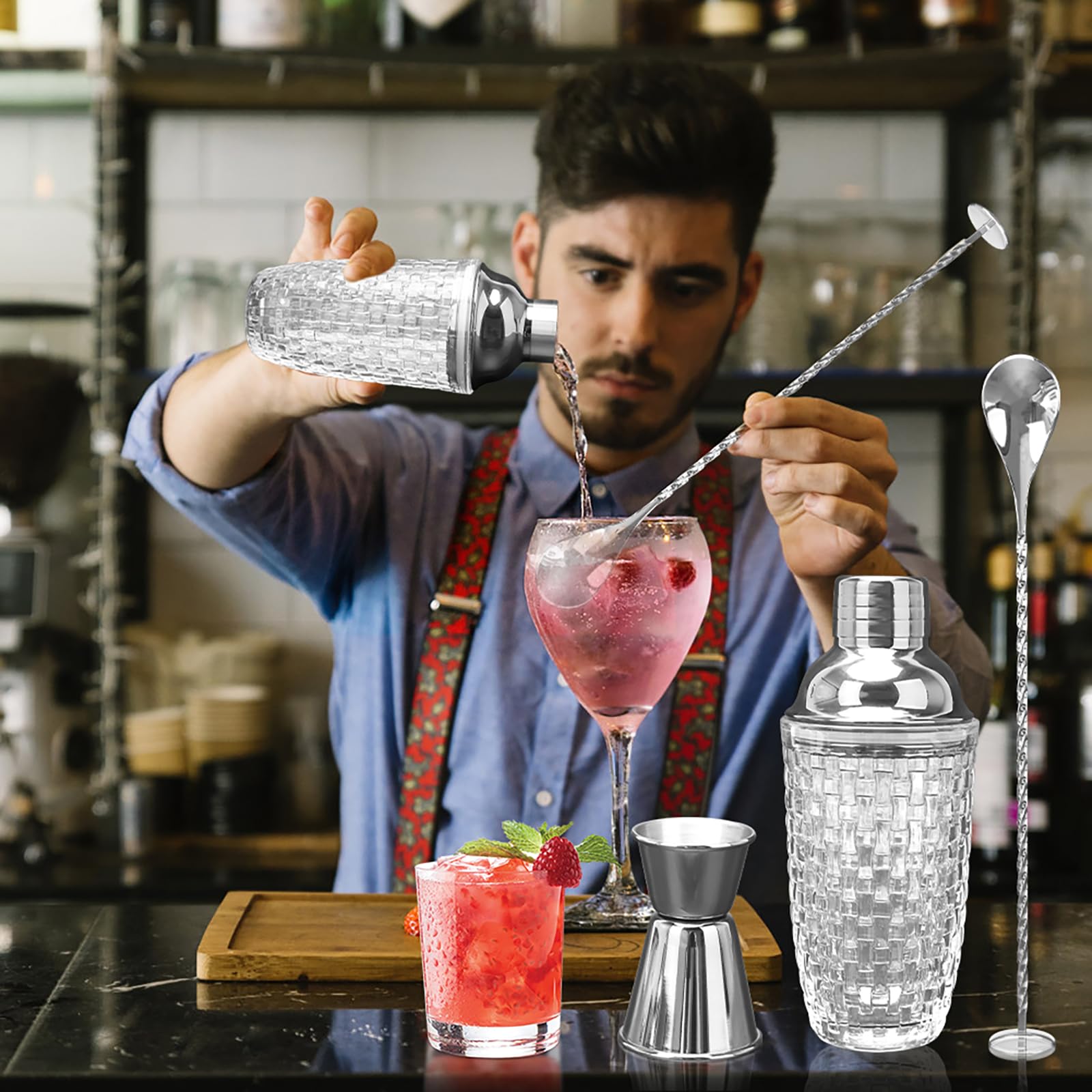 Coctelera de cristal, juego de coctelera de 400 ml, mezclador de cristal con vaso medidor de acero inoxidable y pala, coctelera para el hogar, bar, vino, zumos de frutas mixtas, bebidas, plata