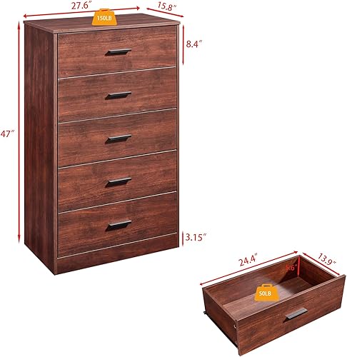 Miniatura 2 de LIDYUK Cómoda negra para dormitorio, 5 cajones y cómodas, cómoda de madera moderna, cómoda de 47 pulgadas de altura para dormitorio, pasillo, sala
