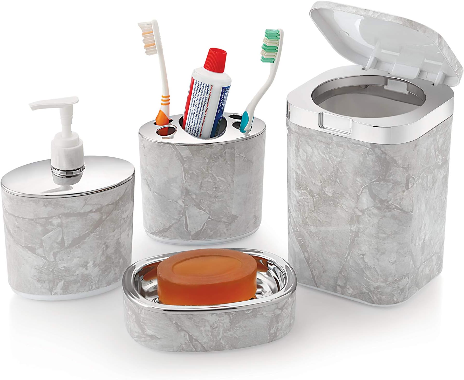 Liza Opal 4 PCS Bathroom Assesories Set Toothbrush Holder Soap Dish Soap Dispenser Dustbin (Set of 4, Grey, Opal, Polystyrene)