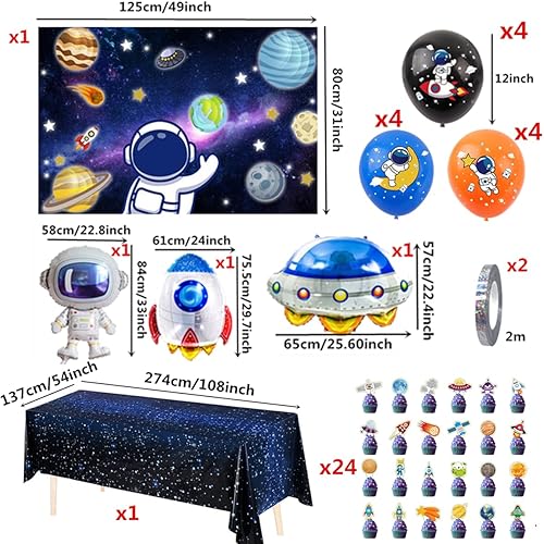 Miniatura 2 de Juego de 43 piezas de suministros para fiestas del espacio exterior, incluyendo mantel de tela de fondo, cintas metálicas de globos de látex y