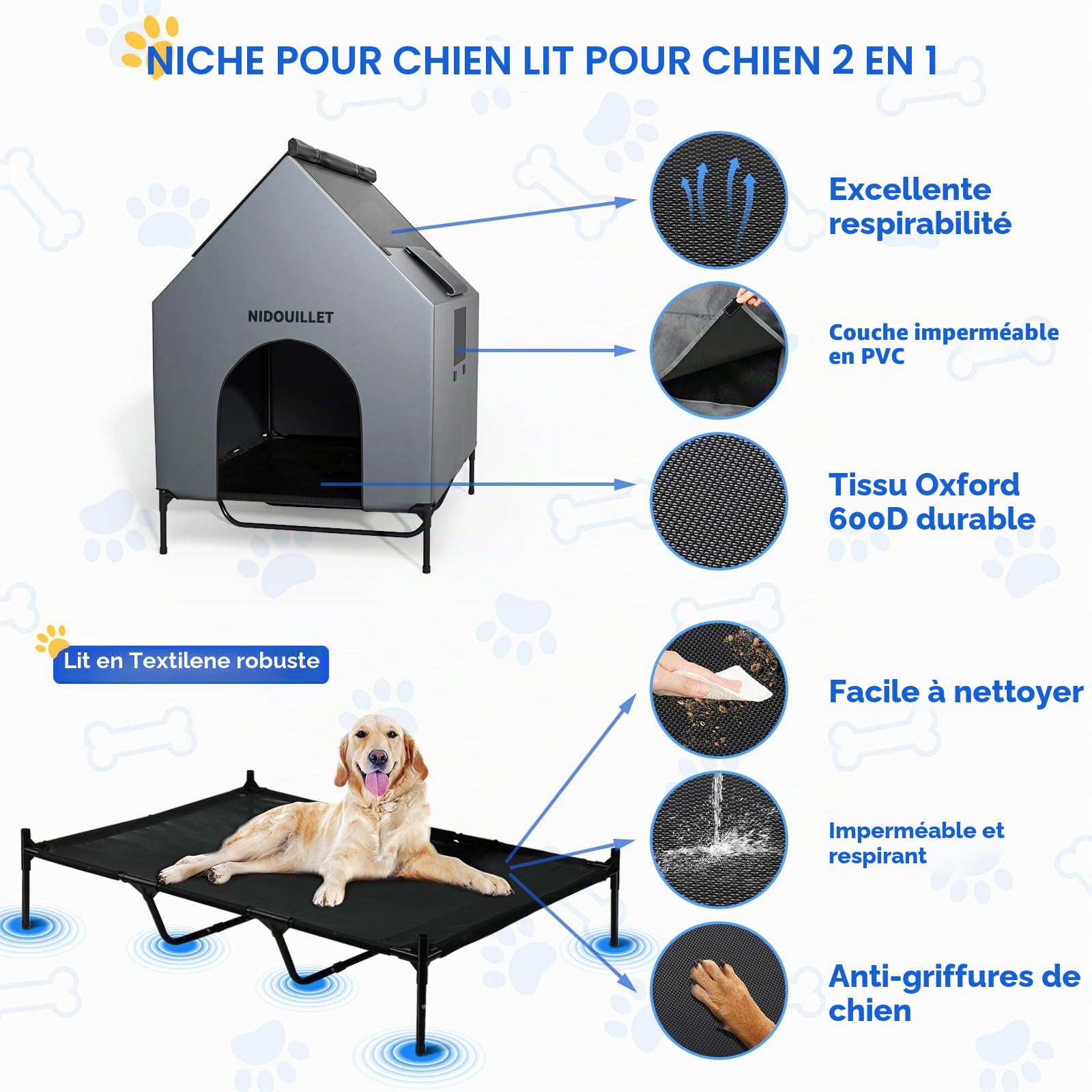 Maison de Chien pour Grande Race 122cm extérieur ou intérieur, résistant aux intempéries 600D PVC Grand Chiot Maison, Respirant 2x1 Tissu Textilene lit surélevé pour Chien