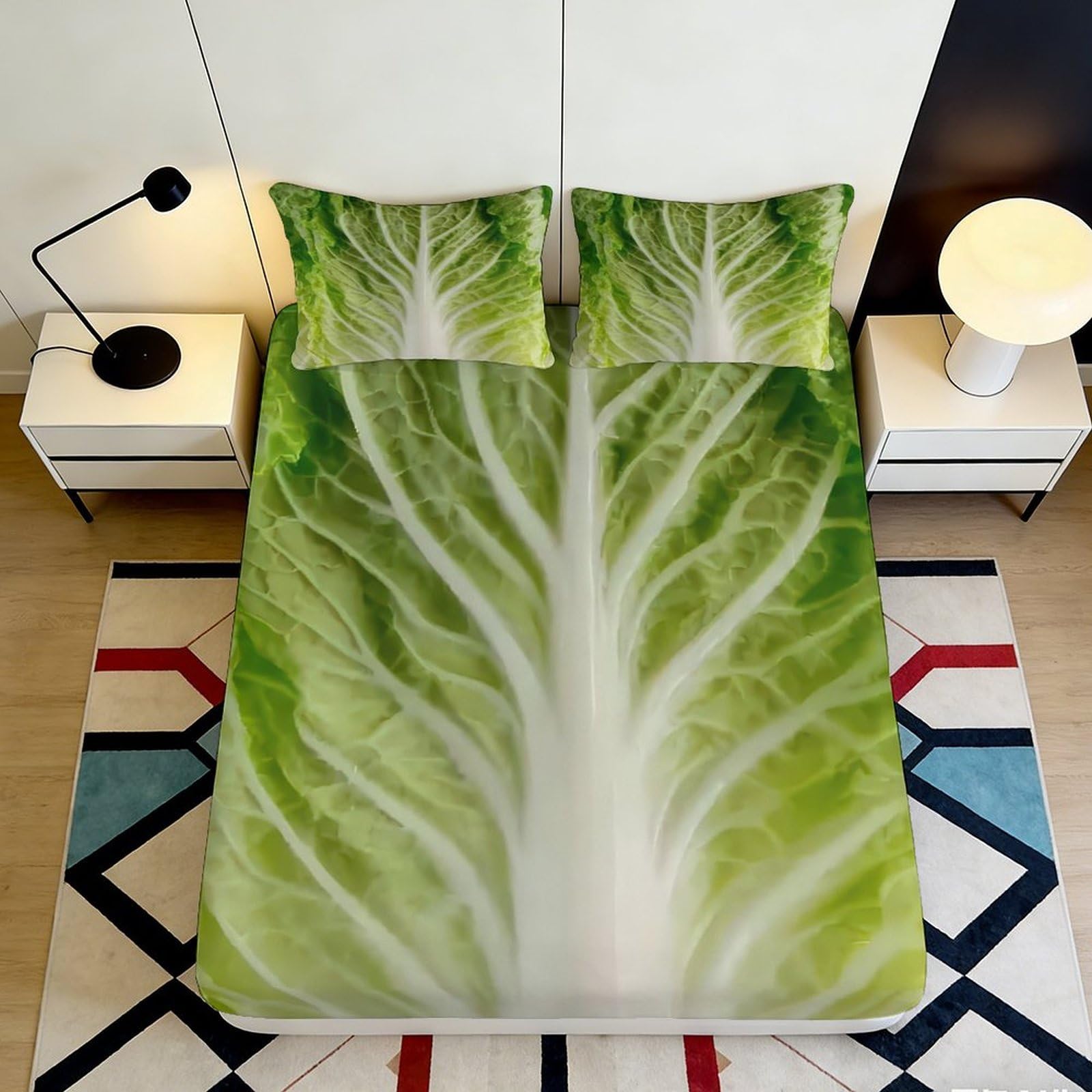 3D Printed Lettuce Leaf Fitted Sheet Microfiber Green Vegetable Bed Cover for Bedroom Dorm Mattress Decor Protection 90x200x25cm