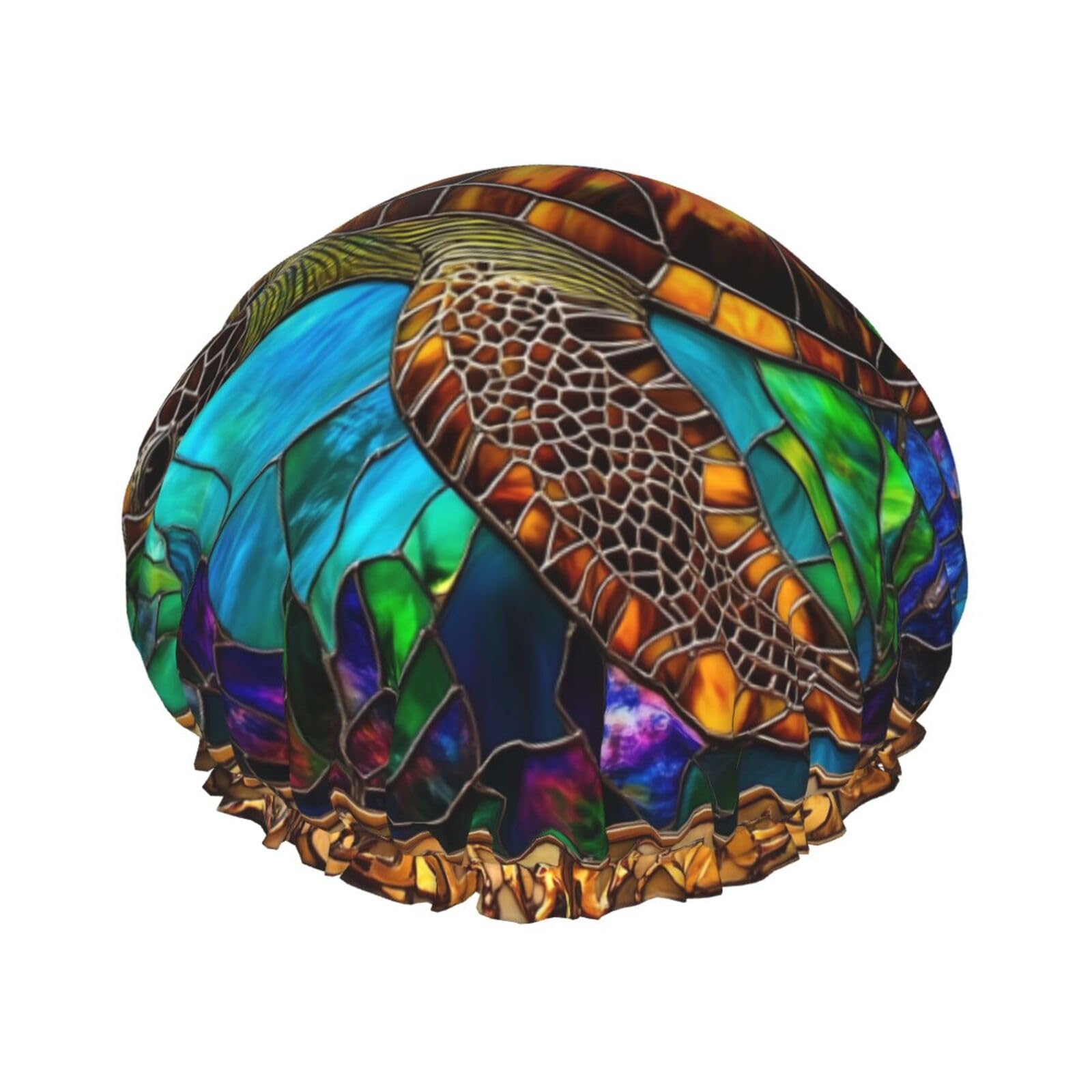 Stained Glass Sea Turtle Prints Shower Cap Double Layer Lined Waterproof Bathing Shower Hat