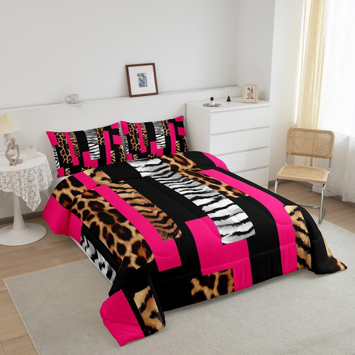 Feelyou Leopard Comforter Set for Kids Boys Girls Cheetah Hot Pink Black Comforter Full Size Animal Fur Print Bedding Set Bedroom Decor Safari Duvet Set Zebra Quilt Set 3Pcs