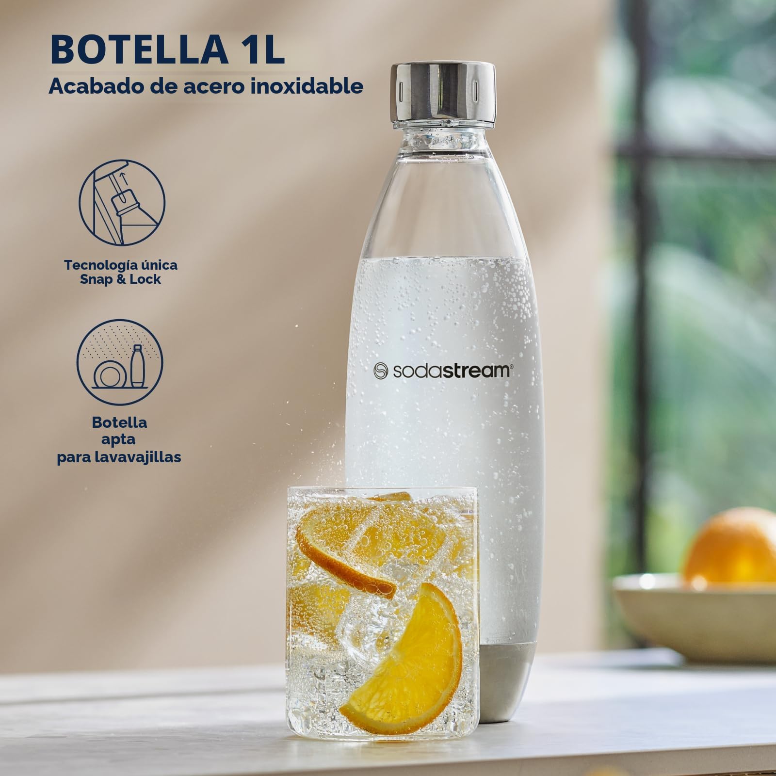 Sodastream Duo - Máquina de agua con gas y soda para jarra de cristal | Pack 1 jarra de cristal 1L + 1 botella 1L acabado acero inoxidable lavavajillas + 1 recarga de gas de 60 L para Clipser, color