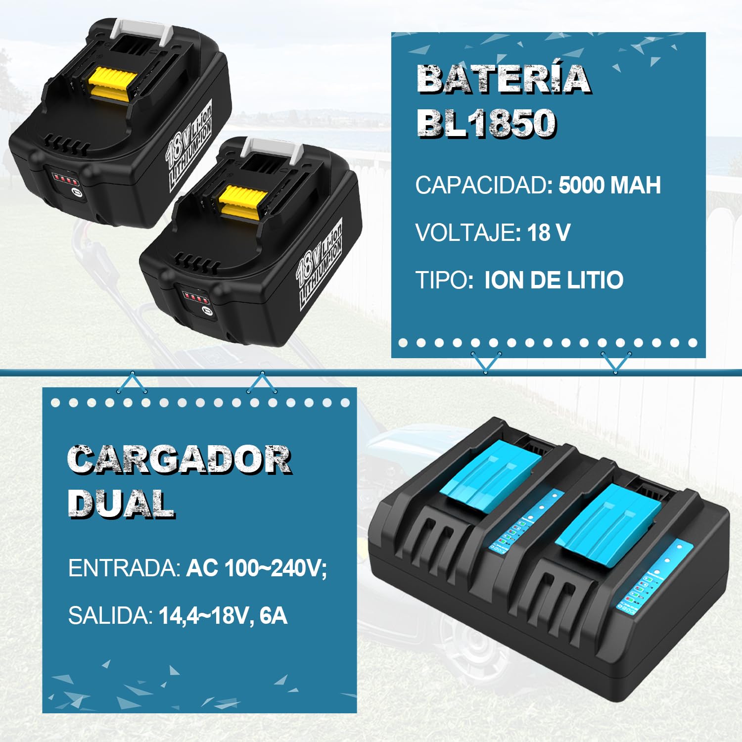 Paquete de 2 baterías de 18V y 5,0 Ah para Makita de 18V con Cargador | Compatible con cargadores BL1860, BL1850, BL1850B, BL1845, BL1840, BL1835 y BL1830B; cargadores DC18RD, DC18RC y DC18RA