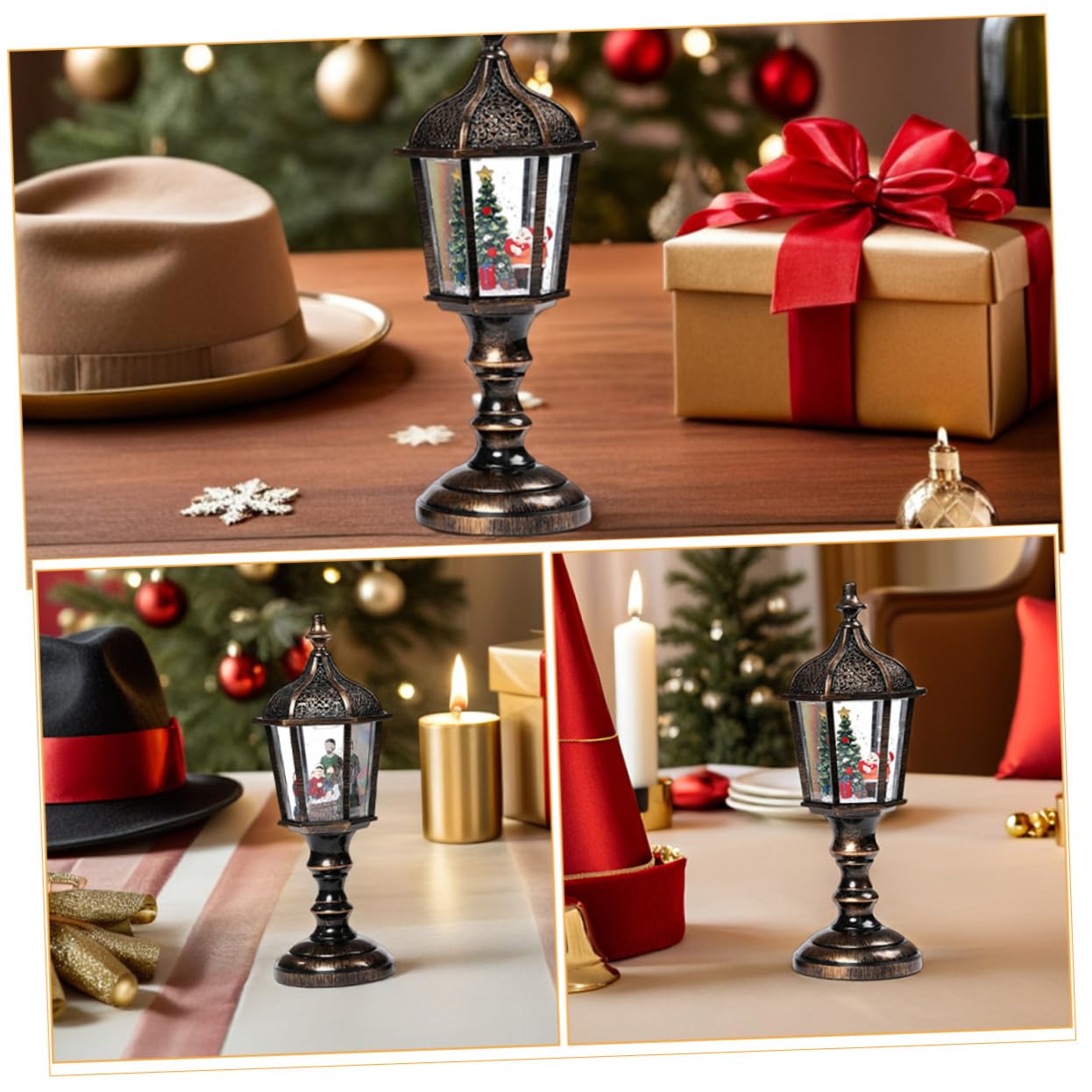 2pezzi Lanterna di Natale Illuminata in Resina Musica Luce Decorativa da Tavolo per Feste Natalizie Opzione Alimentazione USB o Batteria Ornamento da Tavolo Luminoso per Casa