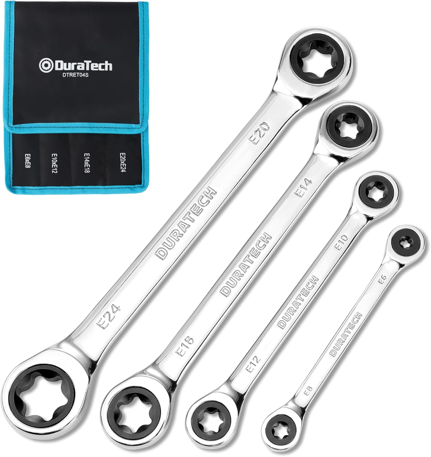 DURATECH 4-Piece E-Torx Wrench Set, Double Box End Ratcheting Wrench Set, Including E6 * E8, E10 * E12, E14 * E18 and E20 * E24, 72-Teeth, CR-V Steel, Mirror-Polished with Rolling Pouch