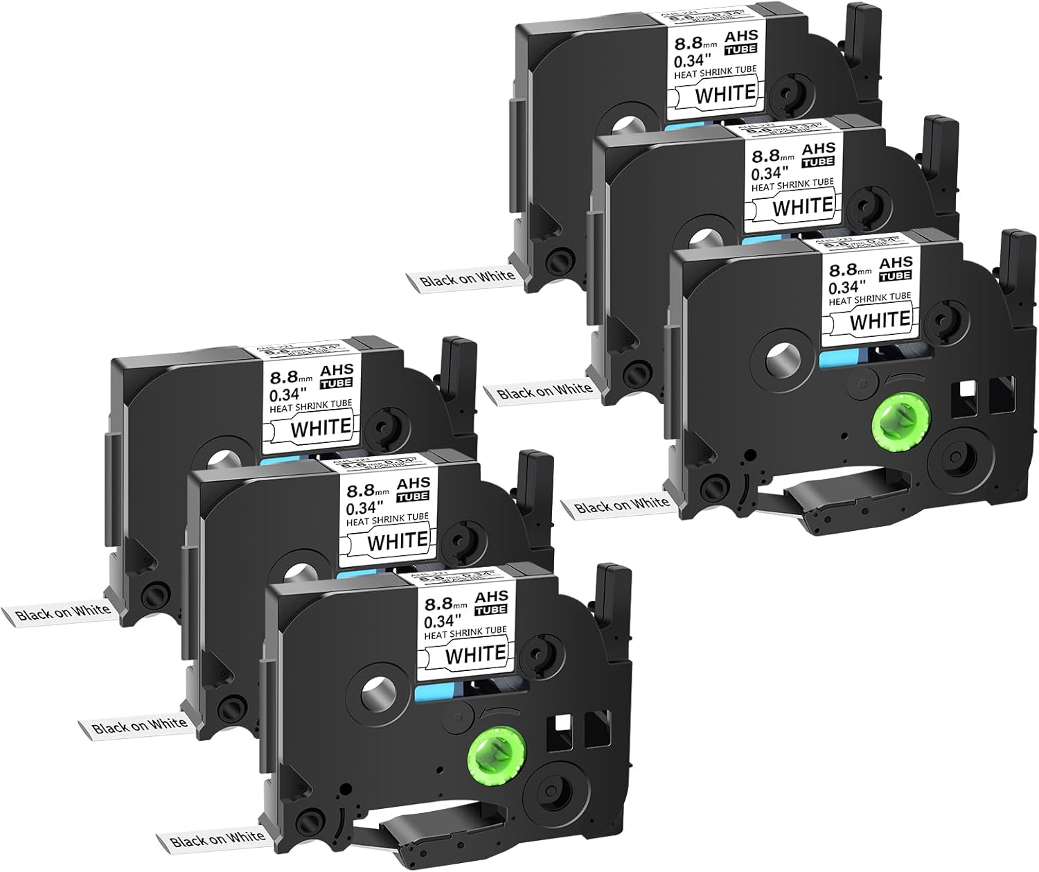 GREENCYCLE 6 Pack Compatible for Brother P-Touch Hse221 Hse-221 Hs-221 Hs221 Heat Shrink Tube Label Tape Hse 8.8mm 0.34" Black on White Label Tape for PTE500 PTE300 PTH300 PTE550W PTP750WVP