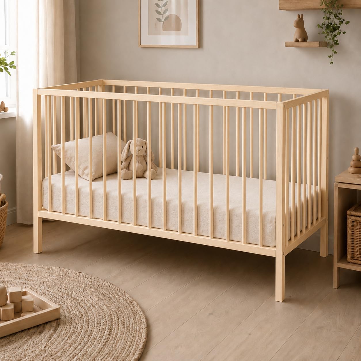 Kids Collective Babybett Kinderbett Beistellbett | Modulares Gitterbett Lattenrost 3-Fach höhenverstellbar & abnehmbare Sprossen | Baby Bett Holz Kinderzimmer | 120x60 cm | Natur