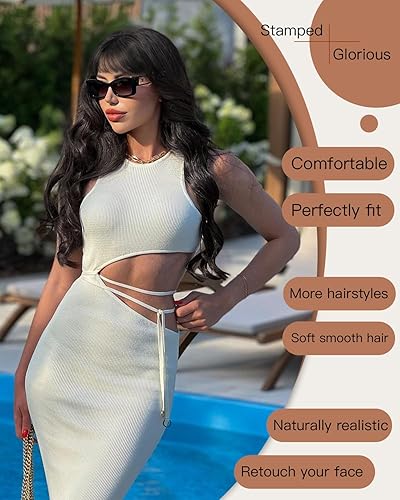 Miniatura 2 de Stamped Glorious Peluca negra con flequillo, pelucas largas onduladas para mujer, pelucas rizadas de aspecto natural, peluca de fibra sintética