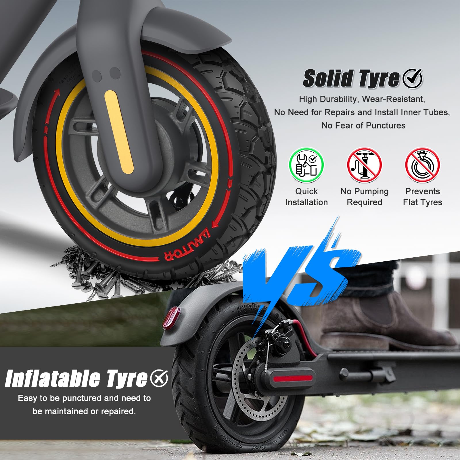 10x2.5 Pouces Ninebot MAX G30 Roue Avant Complète avec Pneu Plein 60/70-6.5 Trottinette Offroad, Robuste & Fiable, Anti-crevaison & Antidérapant, Zéro-Entretien, Montage Facile, 1PCS