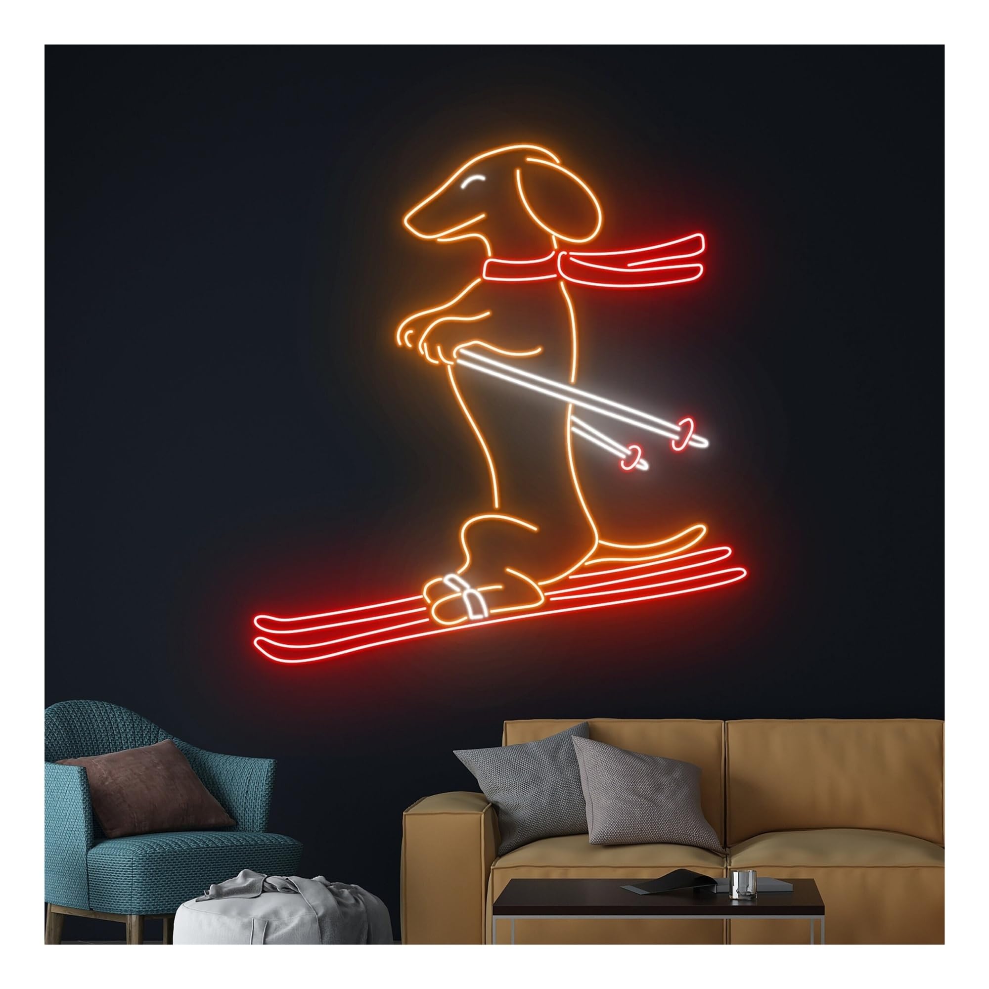Luces de neón Letrero De Neón Perro Salchicha Esquiando, Nieve, Mascota, Jugador, Animal, Deporte, Decoración Pared Para Habitación, 58cm