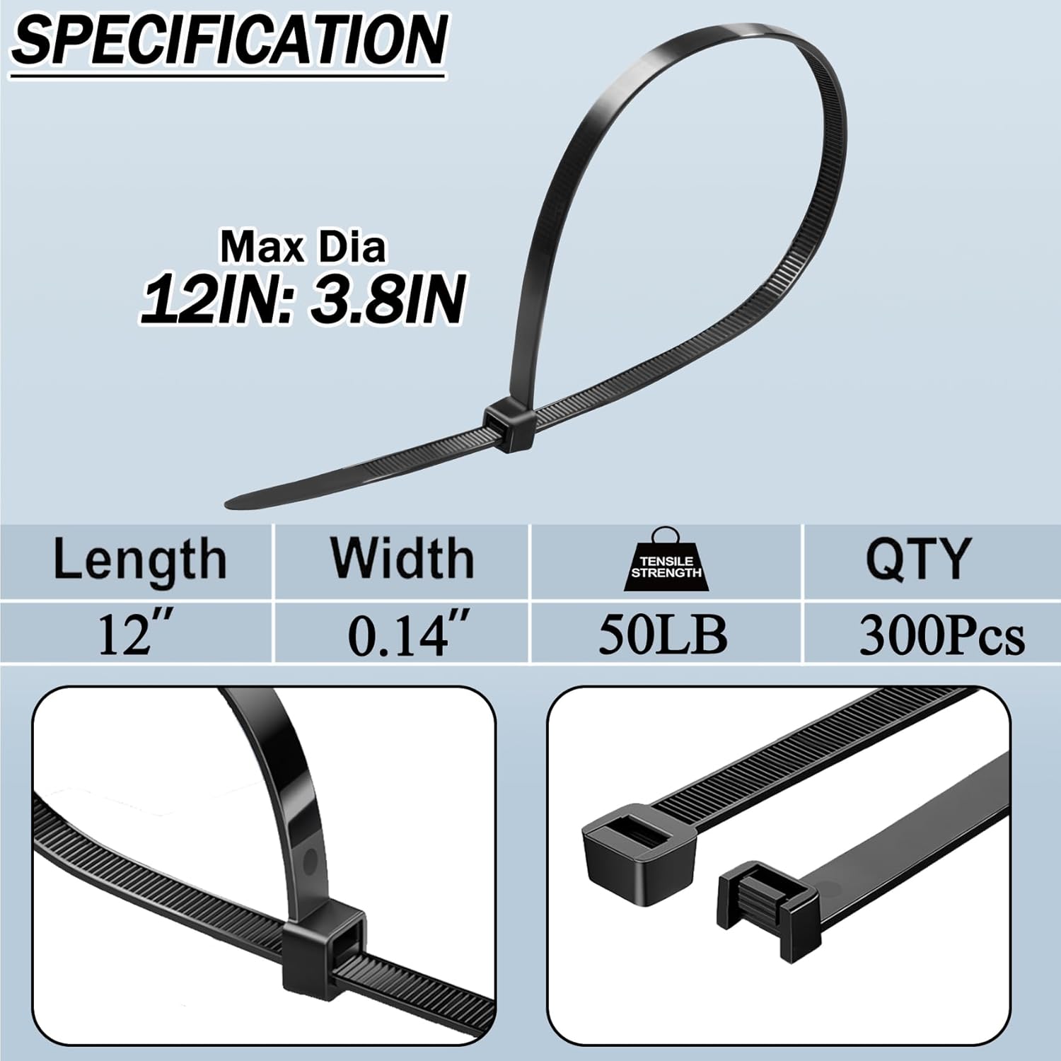 Zip Ties 12 Inch Cable Ties 300 Pack Cable Zip Ties Black+ Clear Tie Wraps with 50 Pounds Tensile Strength, Self-Locking Cable Ties, UV Resistant Nylon Wire Ties for Indoor and Outdoor