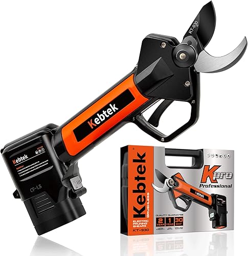 Kebtek Tijeras de podar eléctricas profesionales inalámbricas para jardinería, tijeras de podar a pilas con 2 baterías de 2500 mAh, 5000 cortes,