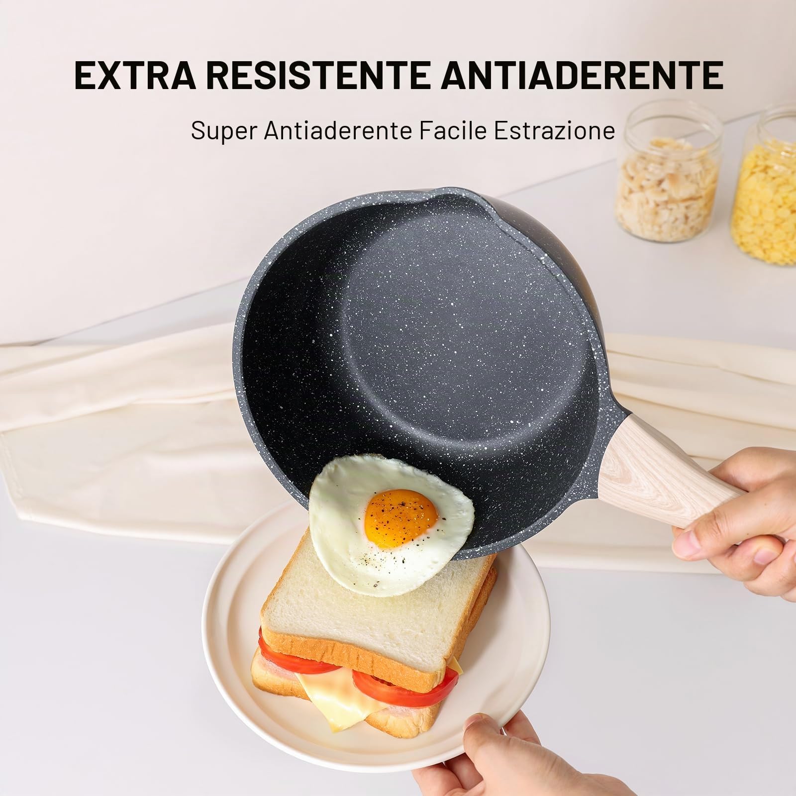 Set di pentole Kordisen con coperchi, da 16 cm e 20 cm, rivestimento in granito, doppio beccuccio per versare, facili da pulire, adatte ai piani cottura a induzione - Ideali per cucine piccole (Nero)