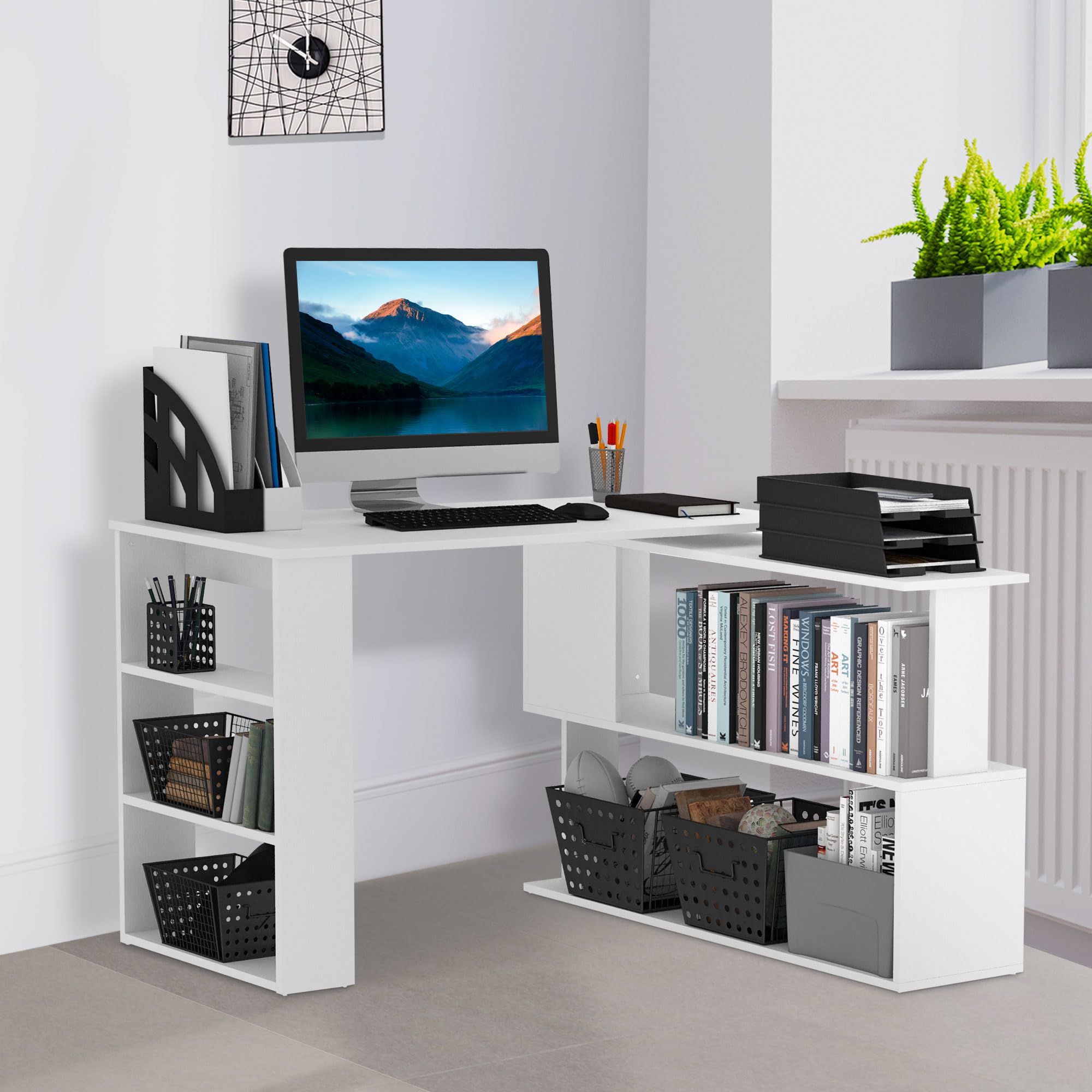 HOMCOM Scrivania Angolare Reversibile con 5 Ripiani Portaoggetti, Scrivania ad Angolo per Computer in Legno, per Ufficio, Soggiorno e Studio, Stile Industriale, 120x110x74.5 cm, Bianco