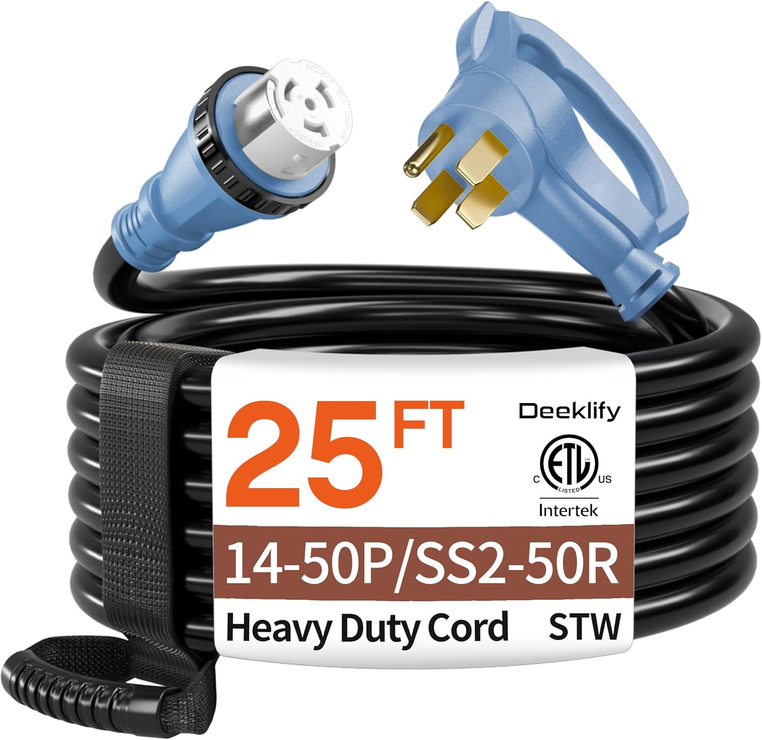25FT 50 Amp Generator Cord, NEMA 14-50P/SS2-50R Heavy-Duty 4 Conductors Cable, Pure Copper STW RV Extension Cord, Female Plug with Twist Lock, Suitable for RV or Camper, ETL Listed