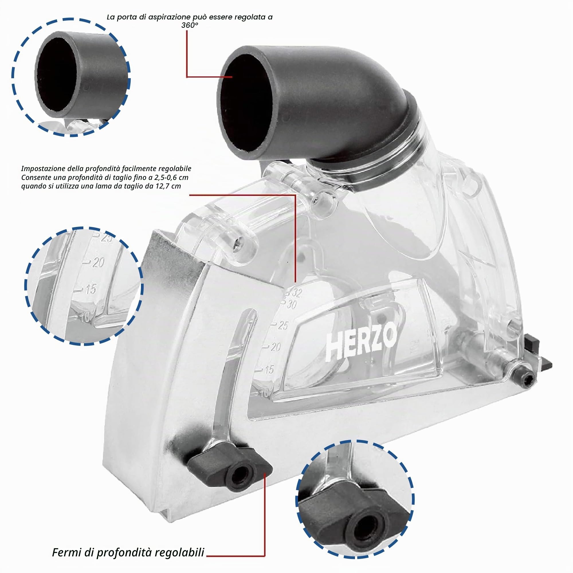 HERZO Cappa di aspirazione per smerigliatrici angolari 115/125mm con cuffia di aspirazione e dischi diamantati da 115mm