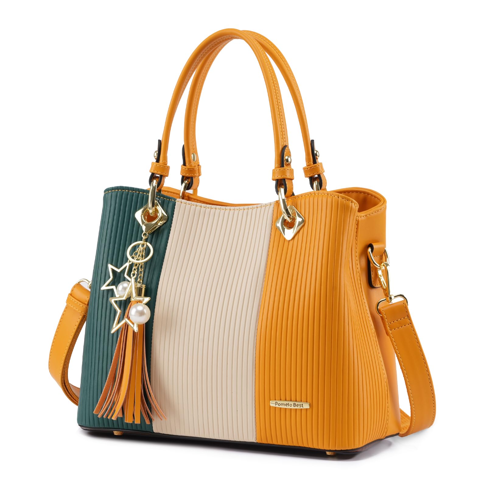 Pomelo Best Borsa a Mano da Donna, Borsa a Righe Multicolore PU pelle con Frange Borsa a Tracolla Grande Capacità perfetta per lavoro, quotidiano, vita, Natale e festa ect