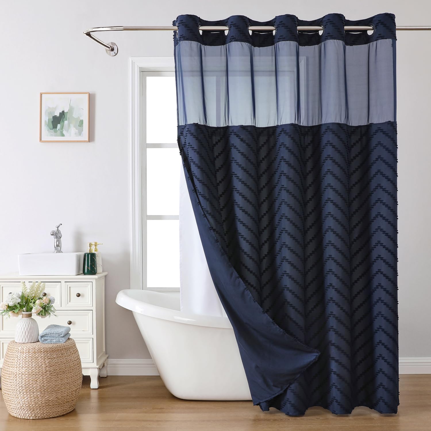 eachope Long No Hook Tufted Chevron Striped Shower Curtain with Snap-in Fabric Liner set-71Wx80H(78H),Navy Blue Hotel Grade Boho Style Shower Curtain