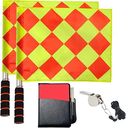 Juego de bandera de árbitro de fútbol, banderas de línea de fútbol, tarjetas rojas y amarillas con cuaderno y lápiz, silbatos de árbitro de