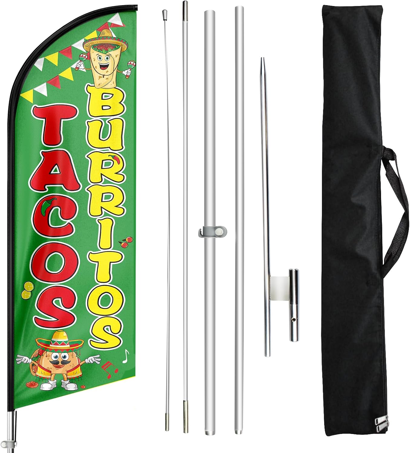 Tacos Burritos Feather Flag with Pole and Ground Stake, 11FT Swooper Advertising Banner Sign for Mexican Food Stands, Restaurant Food Truck