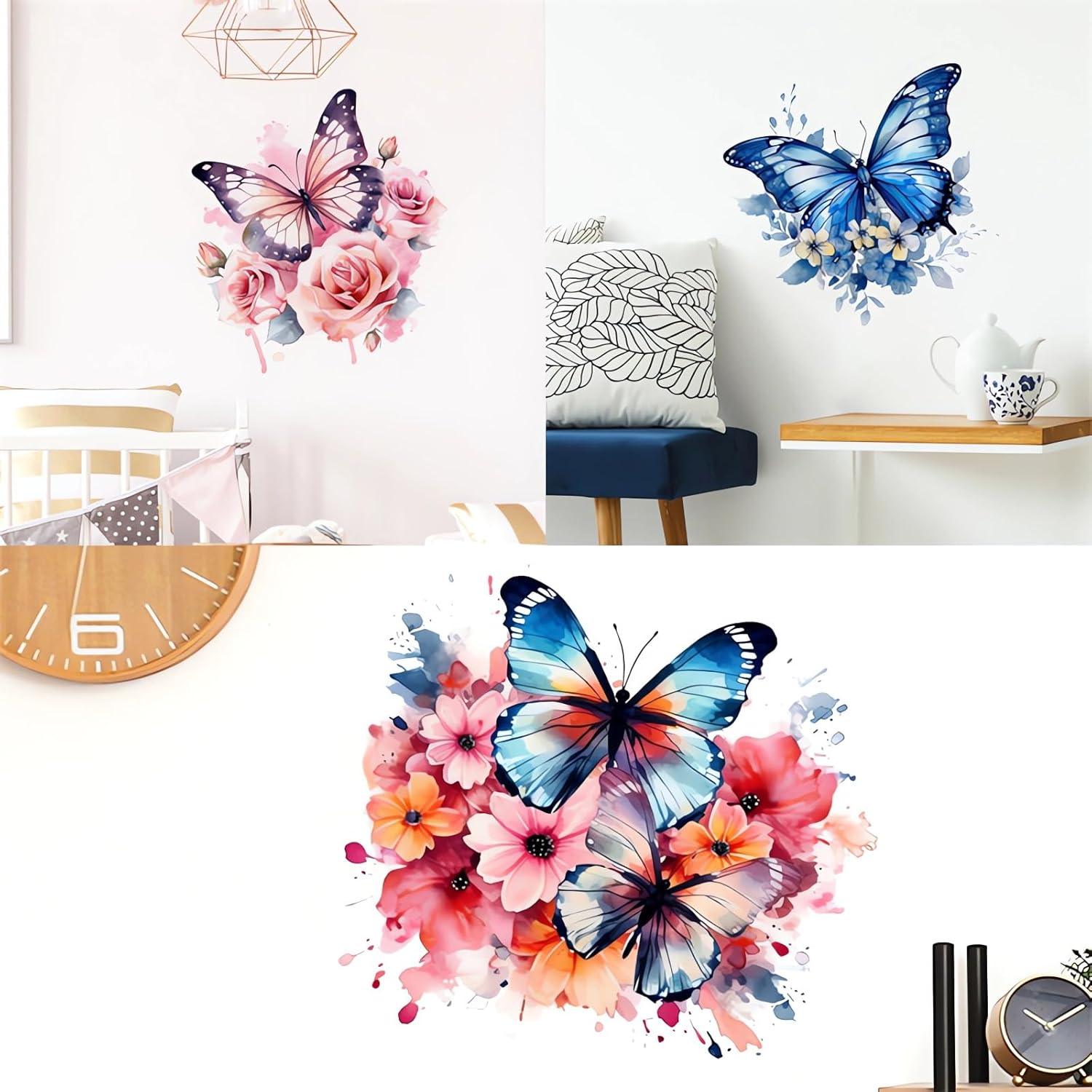 3 Sheets Colorful Blue Pink Butterfly Flower Wall Stickers, sacinora Rose Daisy Butterflies Art Wall Decals Removable Vinyl Peel and Stick for Living Room Bedroom Nursery Bathroom Toilet Home Decor
