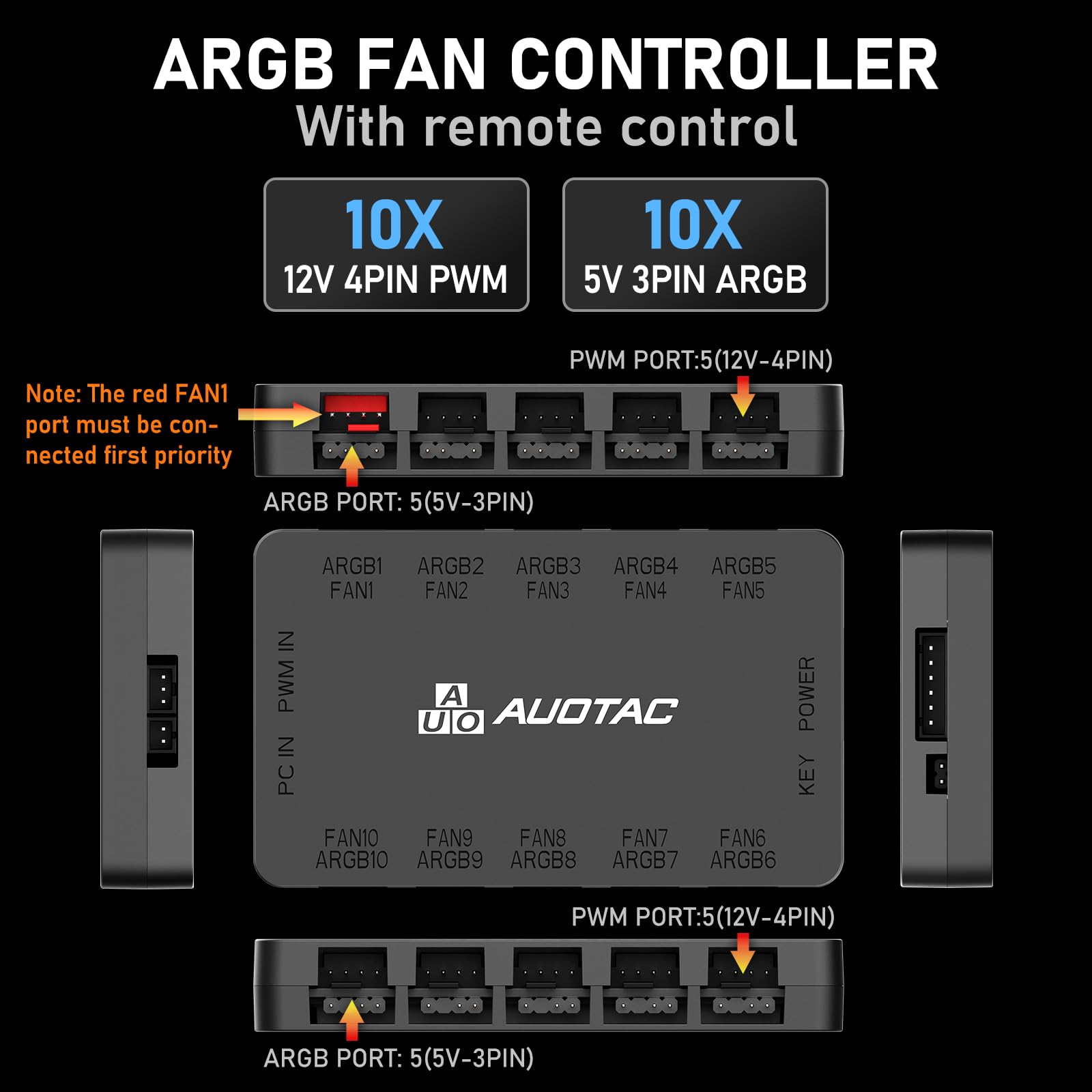 Kontroler ARGB PWM koncentrator wentylatora z pilotem RF, (podłącz dziesięć wentylatorów, 5 V 3-pinowe ARGB i 12 V 4-pinowe złącze wentylatora PWM, podwójne wejście zasilania SATA, zasysanie