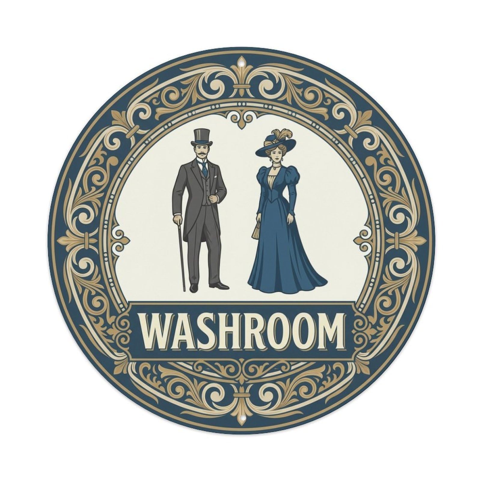 Olhnbad Style Ivory Navy Ornate Label Washroom Restroom Notice Metal Tin Sign
