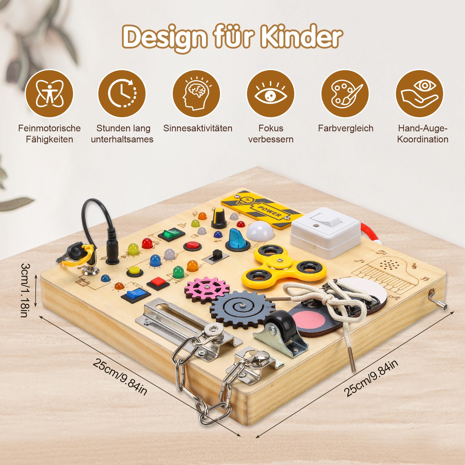 Montessori Busy Board Activity Board ab 1 Jahr,Lernspielzeug Motorikspielzeug Sensorik Spielzeug Holzspielzeug,Leuchten Sensory Learning Spielzeug mit Musikwerk & Farbmischfunktion