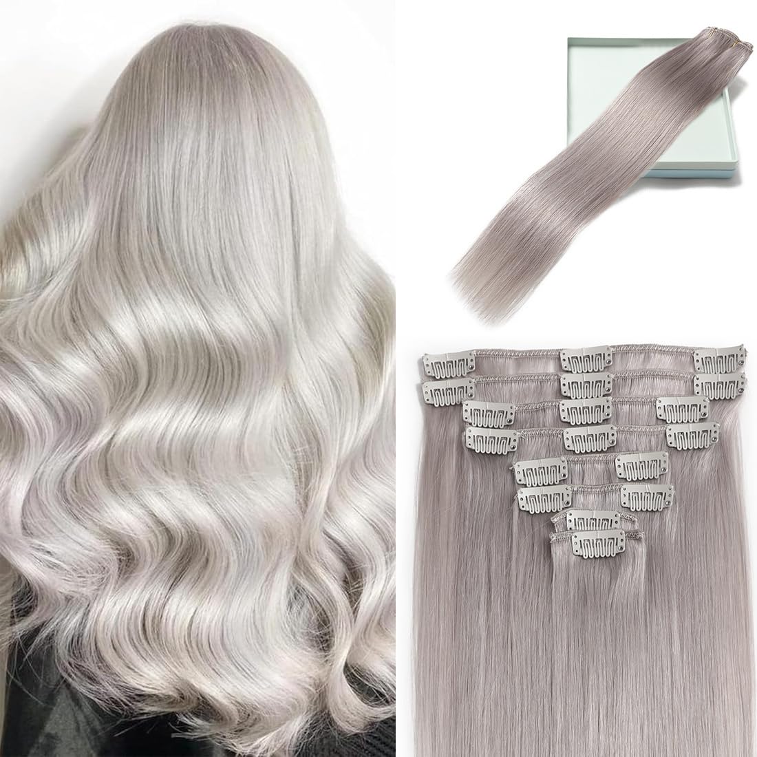 LORIEN Silver Grey Clip in Hair Extensions Real Human Hair Clip ins Remy Human Hair Clip in Extensions Invisible Natural Straight Seamless Clip on