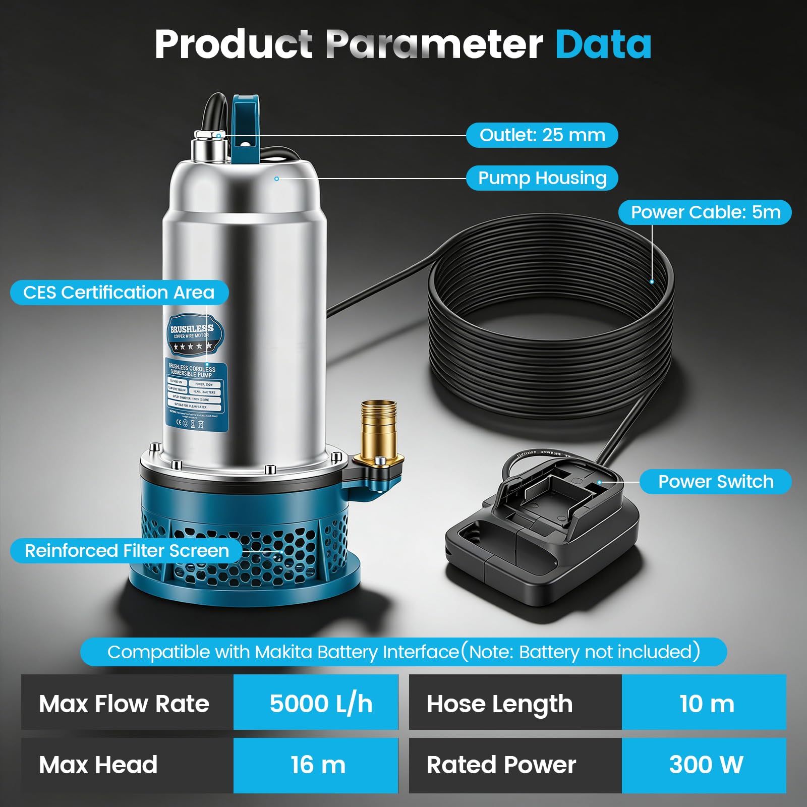 Tauchpumpe kompatibel mit Mk 18V Akku, 5000L/H Tragbare Kabellose Wasserpumpe Sumpfpumpe mit 10m Schlauch, 5M Verbindungskabel, 16M Förderhöhe, für Pool, Gartenbewässerung