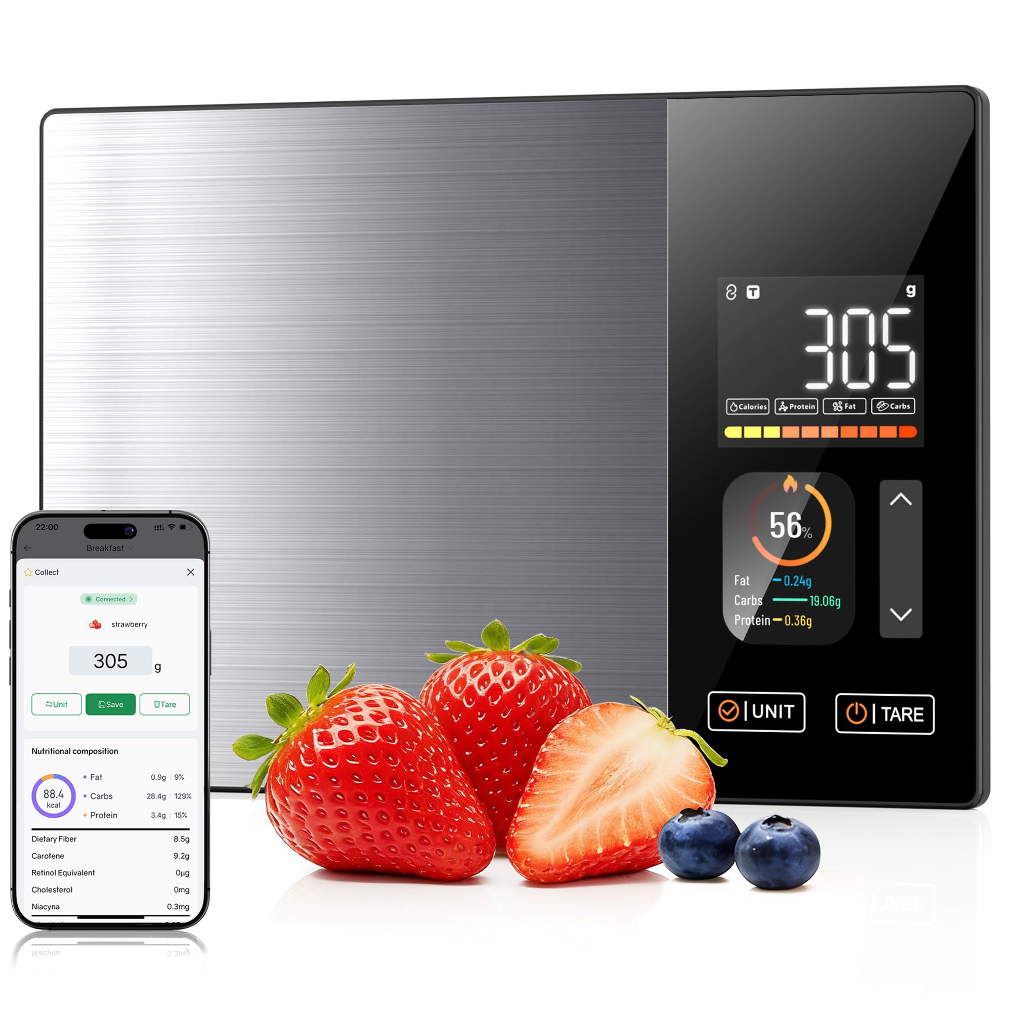 Intelligente Lebensmittelwaage mit Kalorienzählung, Lebensmittelwaage mit kostenloser App und Bluetooth, verfolgt 23 Nährstoffe, Dual-Display mit Nährwertinformationen, Offline-Modus – für